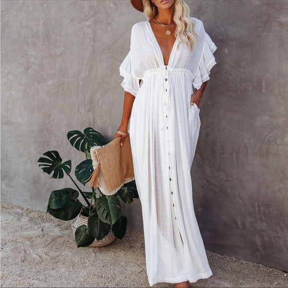 NEW! Bohemian Long White Gauze Maxi Peasant Dress - Picture 4 of 8
